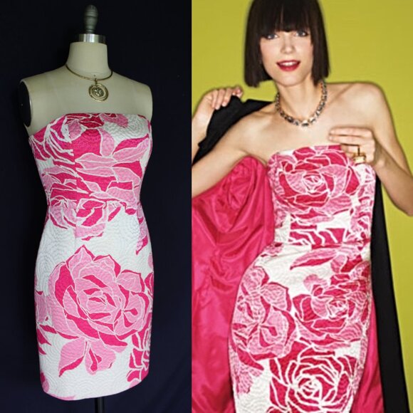 Lilly Pulitzer Allegra Dress silk Rose jaquard brocade Lavie En Rose strapless 2 - Picture 1 of 11